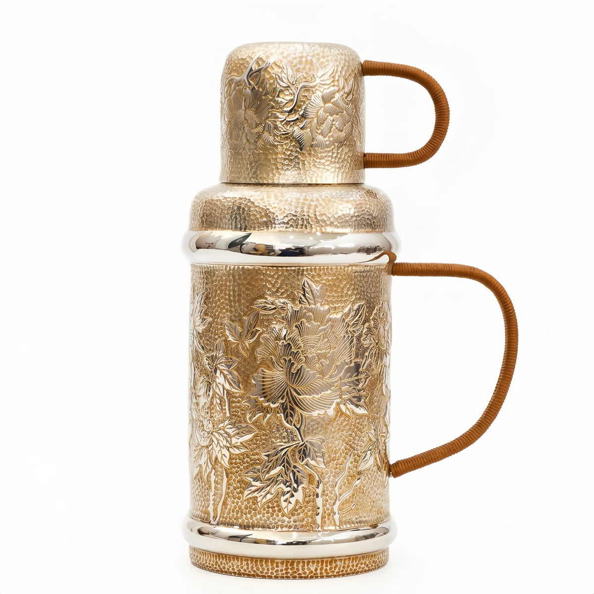 Pure 999 Fine Silver Elegant Hand-Hammered Metallic Thermos Set with Intricate Floral Motifs and Cord-Wrapped Handles - Handicraft