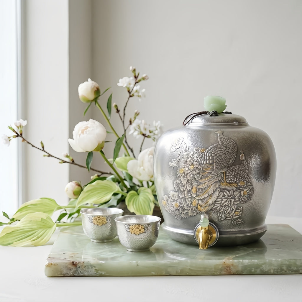 925 Sterling Silver Handcrafted Silver Vessel with Intricate Peacock Relief and Elegant Jade Accents - Handicraft