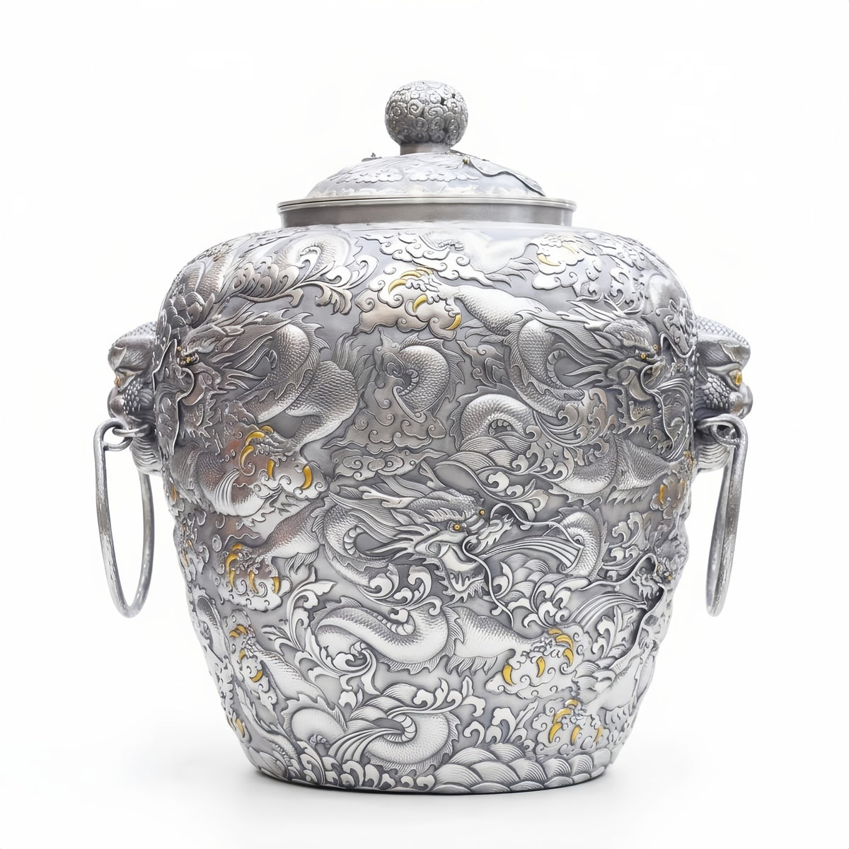 925 Sterling Silver Ornate Silvered Metal Jar Featuring Intricate Celestial Dragon Motifs and Sculptured Handles - Handicraft