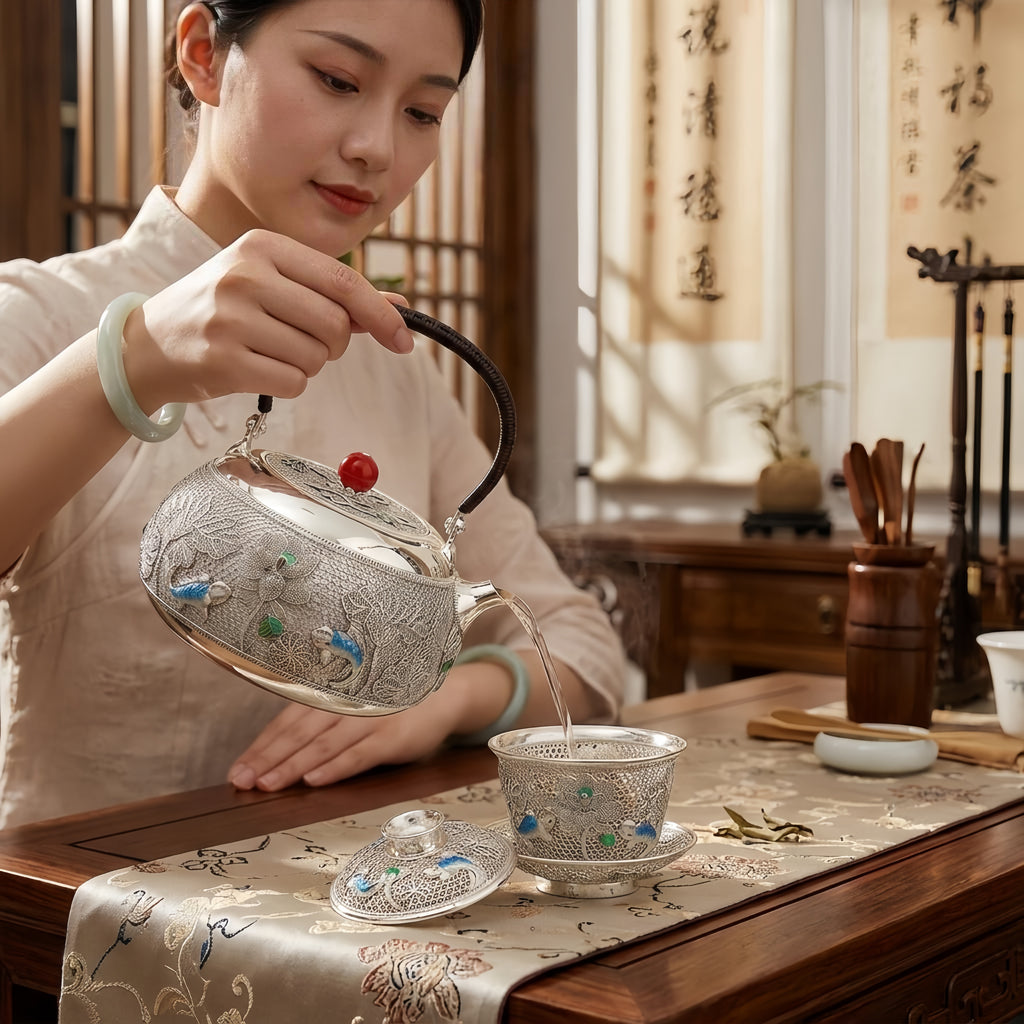925 Sterling Silver Elegant  Teapot with Intricate Lacework and Enamel Art Featuring Birds and Flowers-Fine Filigree Teapot - Handicraft