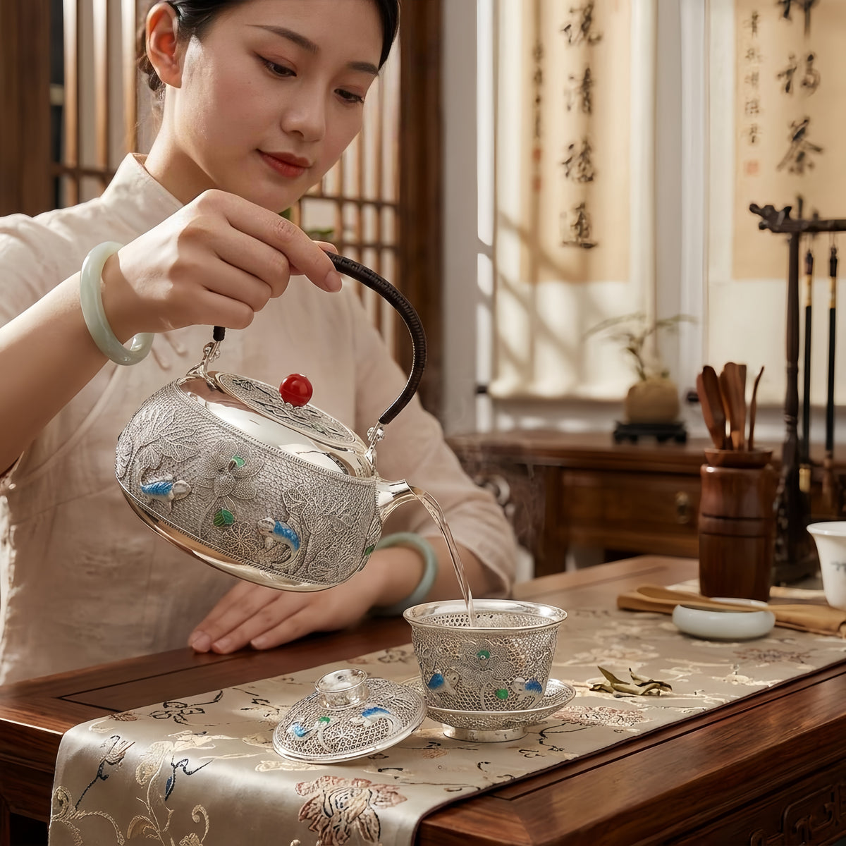 925 Sterling Silver Elegant  Teapot with Intricate Lacework and Enamel Art Featuring Birds and Flowers-Fine Filigree Teapot - Handicraft