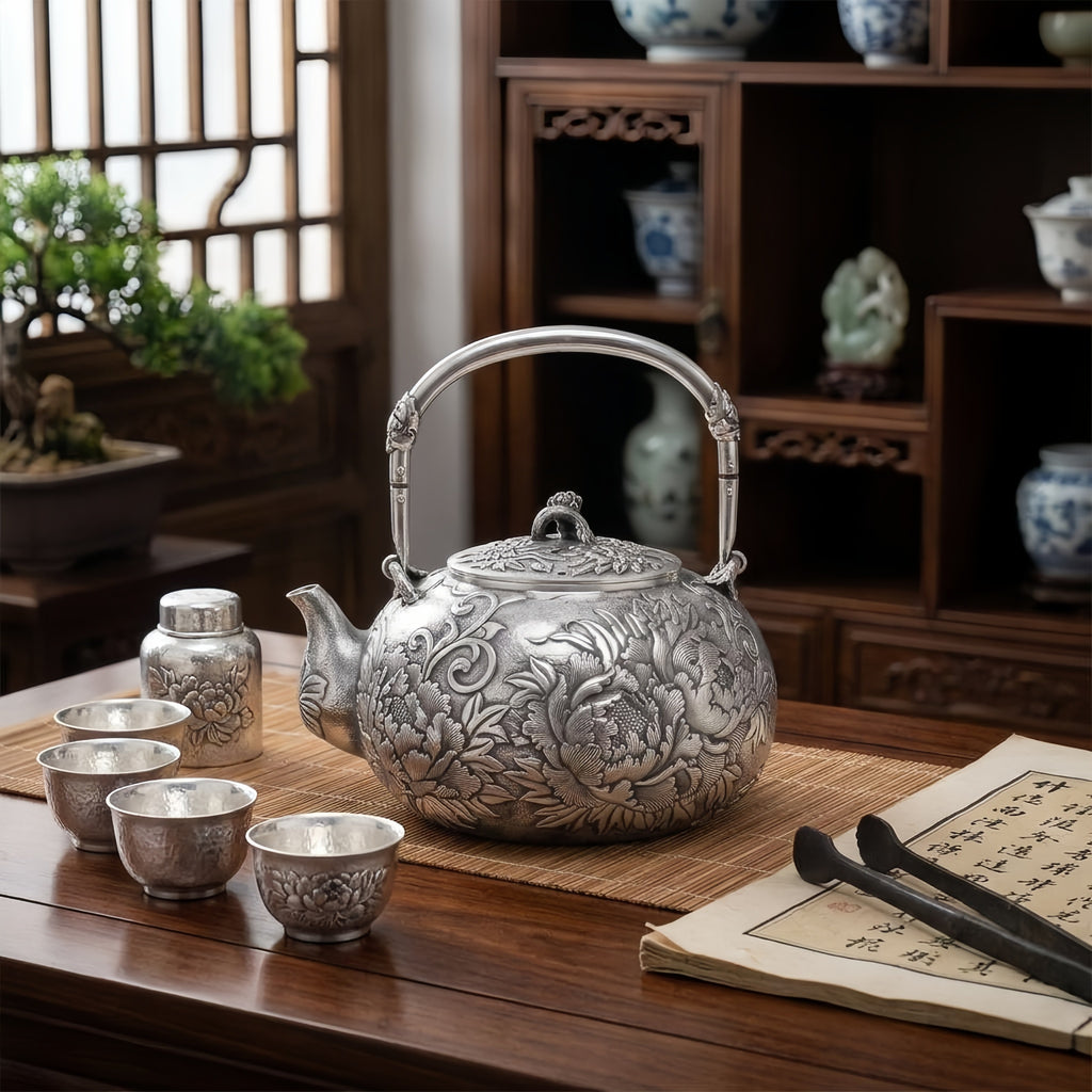 925 Sterling Silver Elegant Silver Teapot Featuring Intricate Peony Engravings and Ornate Handle - Handicraft