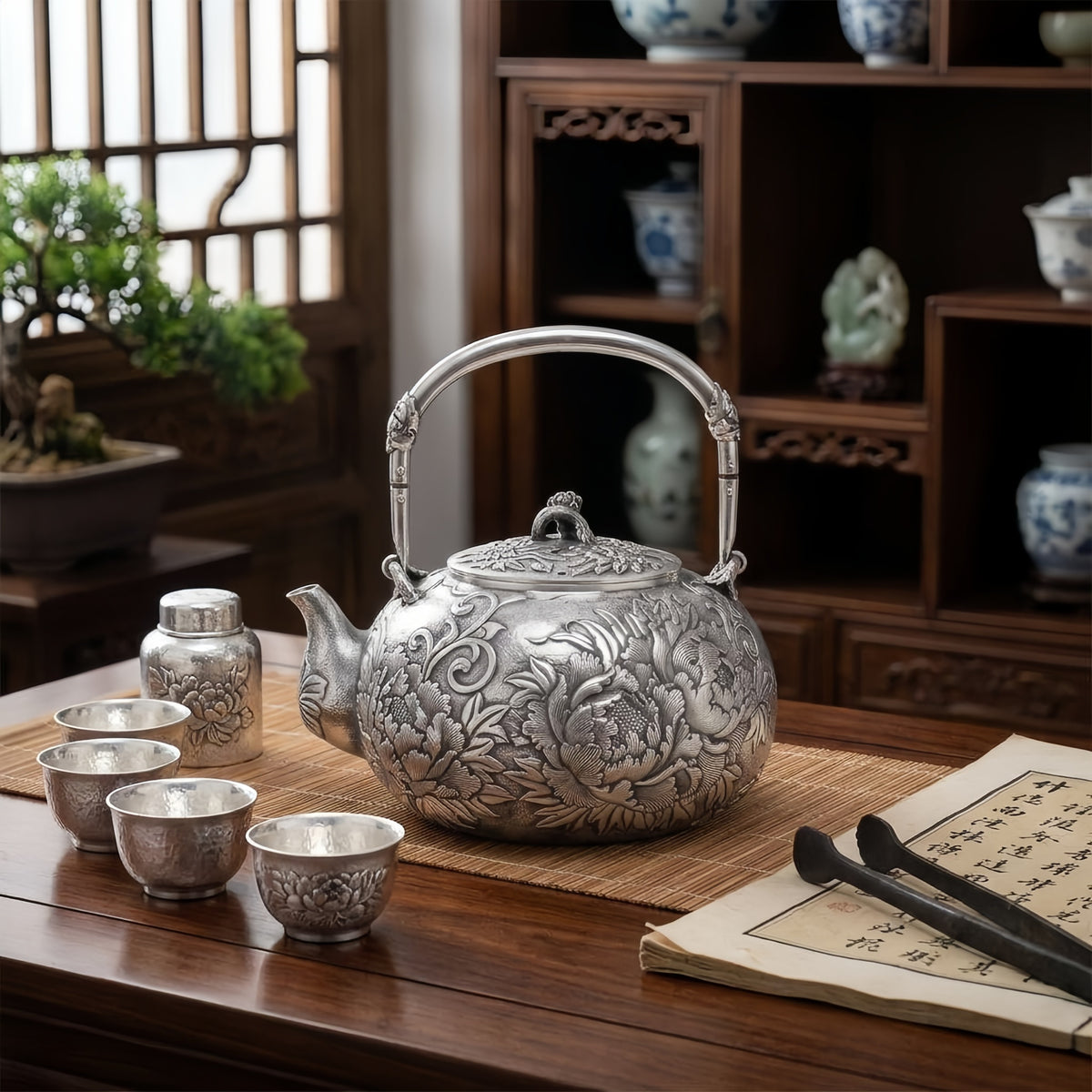 925 Sterling Silver Elegant Silver Teapot Featuring Intricate Peony Engravings and Ornate Handle - Handicraft
