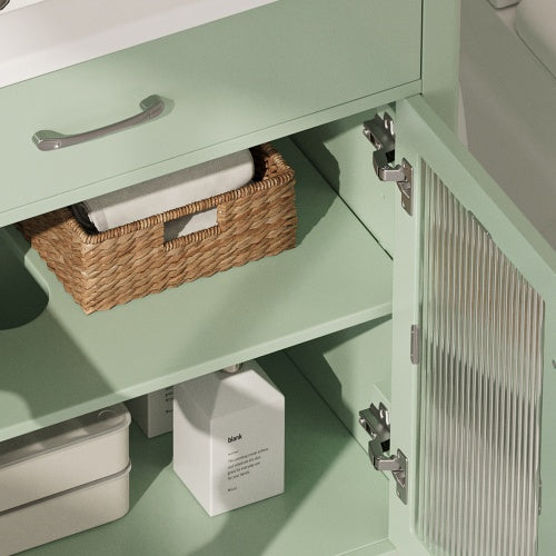 31 Bathroom Vanity With Tempered Glass, Modern Bathroom Cabinet With Rubber Wood Legs And Soft Close Doors, Green
