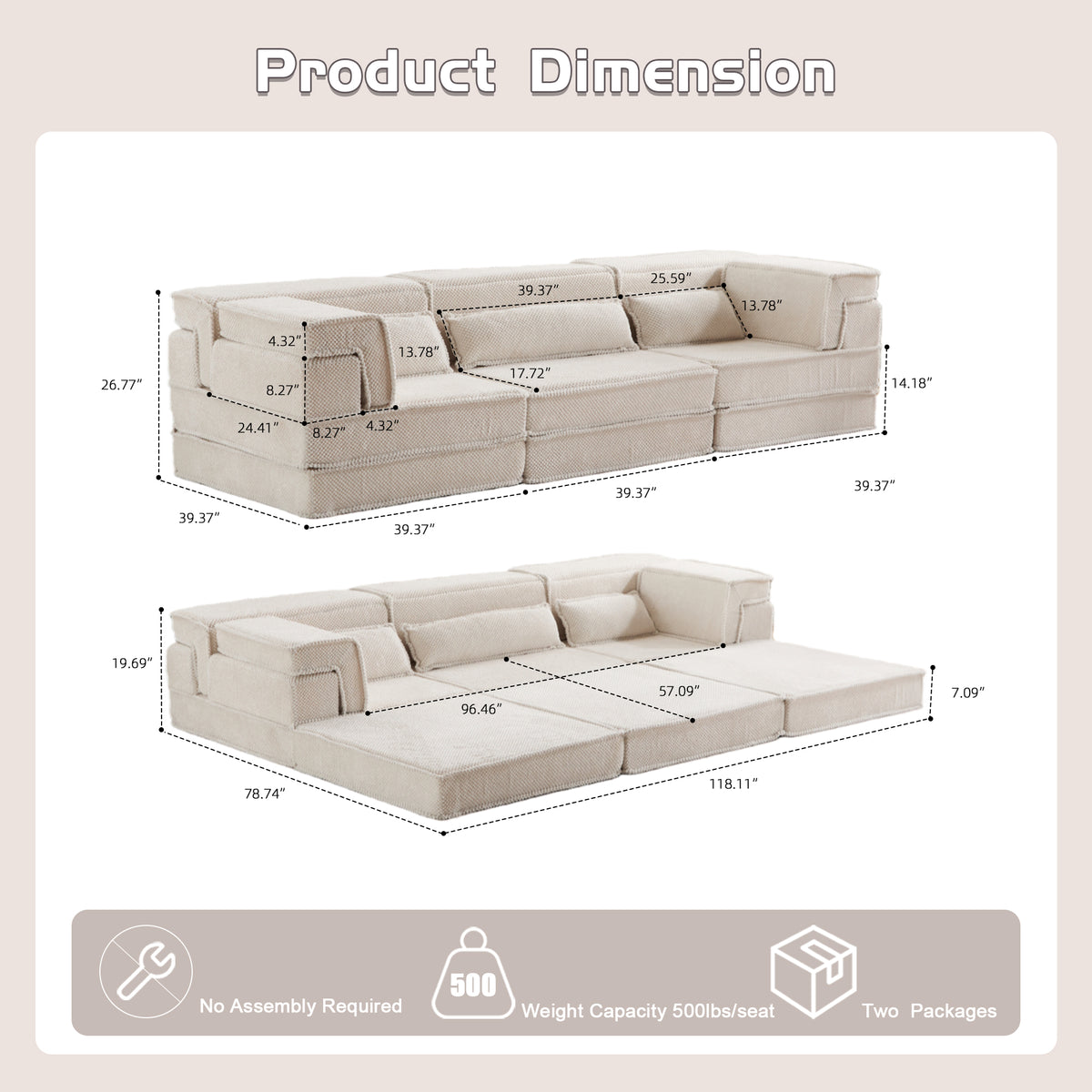 Compression Mahjong Sofa,Convertible Floor Sofa Bed,DIY Boneless Modular Sectional Sofa,No Assembly Required,Circle Fleece Fabric,Oversized 3 Seater With 3 Pillows,White