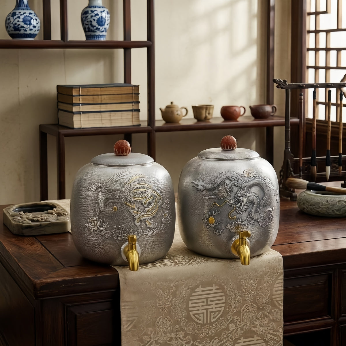 Pure 999 Fine Silver Exquisite Pair of Hammered Silver-Toned Containers Featuring Traditional Dragon and Phoenix Relief Artistry - Handicraft