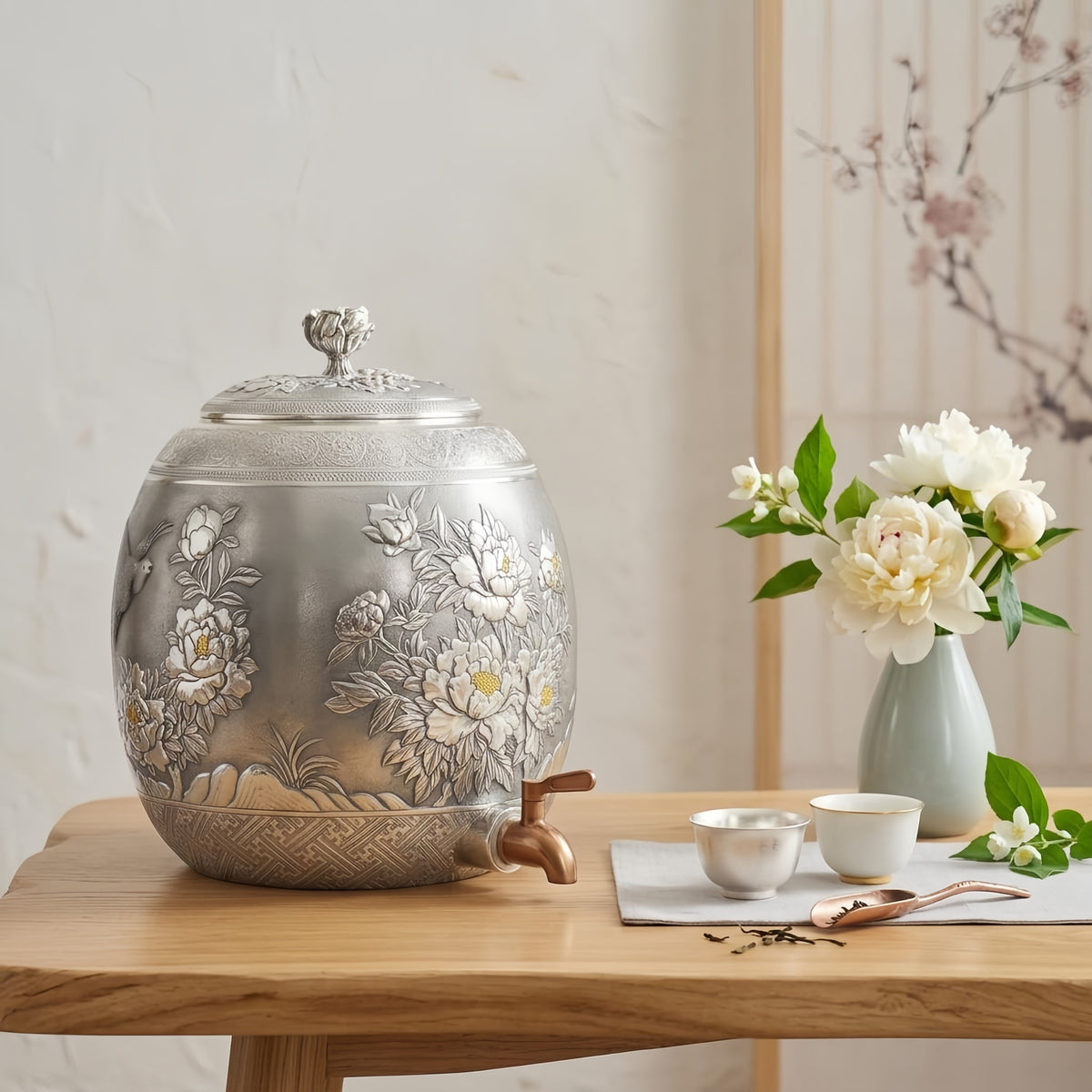 Pure 999 Fine Silver Handcrafted Silver Peony Flower Water Dispenser with Ornate Embossed Bird and Floral Motifs - Handicraft