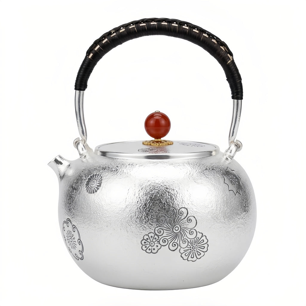 Pure 999 Fine Silver Elegant Handcrafted Silver Teapot with Red Agate Knob and Floral Engravings - Handicraft