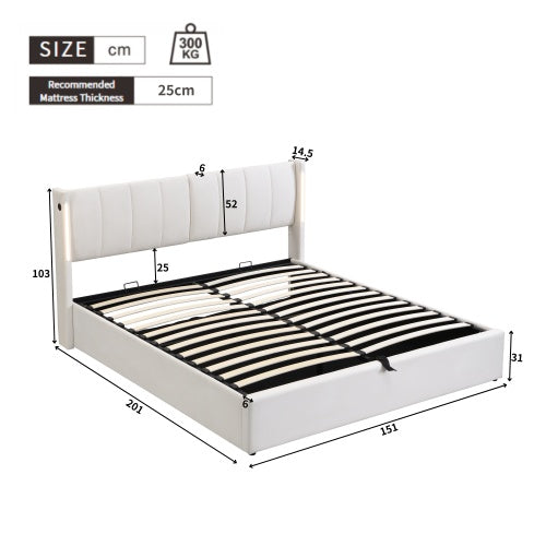 LED Upholstered Bed ,King Size Bed-5ft150x200cm, Hydraulic Bed, Rechargeable USB Port In Bed, With LED Lighting, With Storage Space, Adjustable Headboard, PU , White