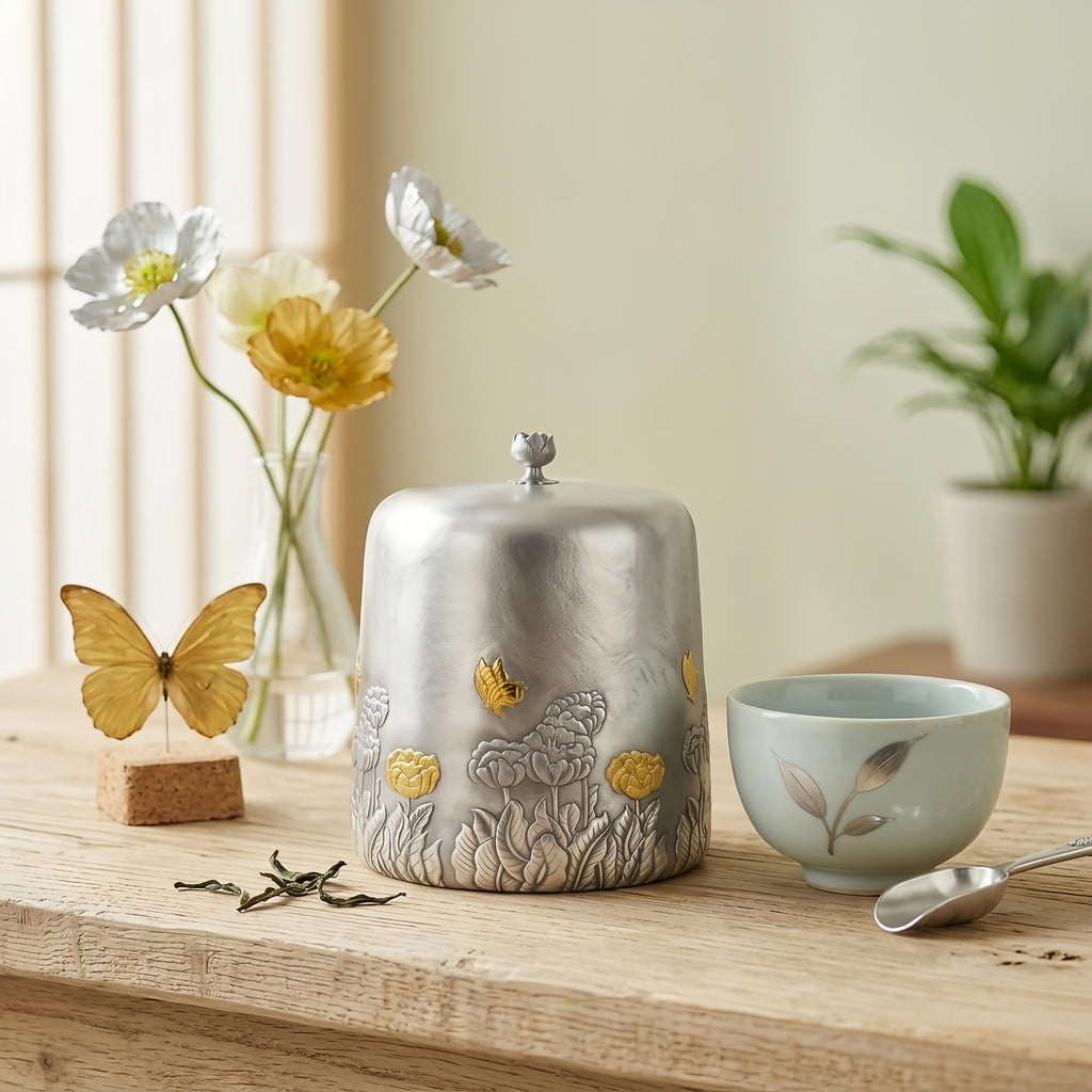 Pure 999 Fine Silver Ornate Silver-Finished Metal Canister with Intricate Floral and Butterfly Reliefs - Handicraft