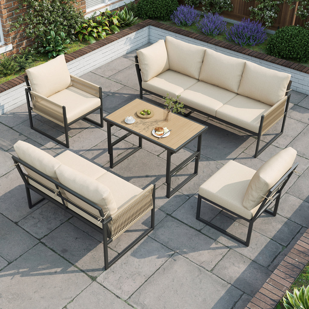 6-7 Seater Garden Furniture Set With Height Adjustable Rising Coffee Table, Corner Sofa With Polyester Rope, Weatherproof Outdoor Patio Dining Lounge Set For Balcony And Terrace, Beige