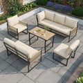 6-7 Seater Garden Furniture Set With Height Adjustable Rising Coffee Table, Corner Sofa With Polyester Rope, Weatherproof Outdoor Patio Dining Lounge Set For Balcony And Terrace, Beige