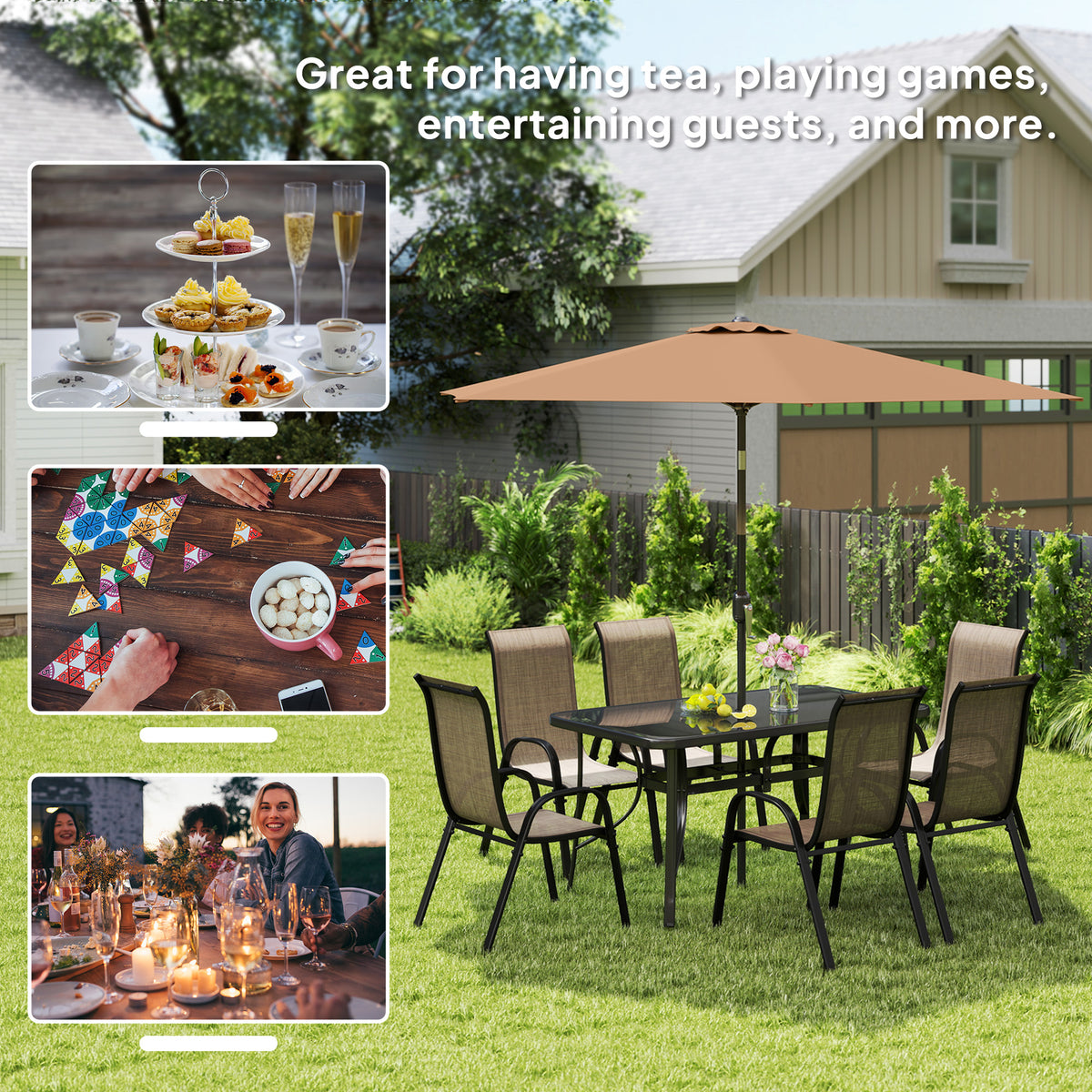 8 Pieces Patio Furniture Set with 9Ft Patio Umbrella, Outdoor Dining Table and Chairs, Light Mixed Brown