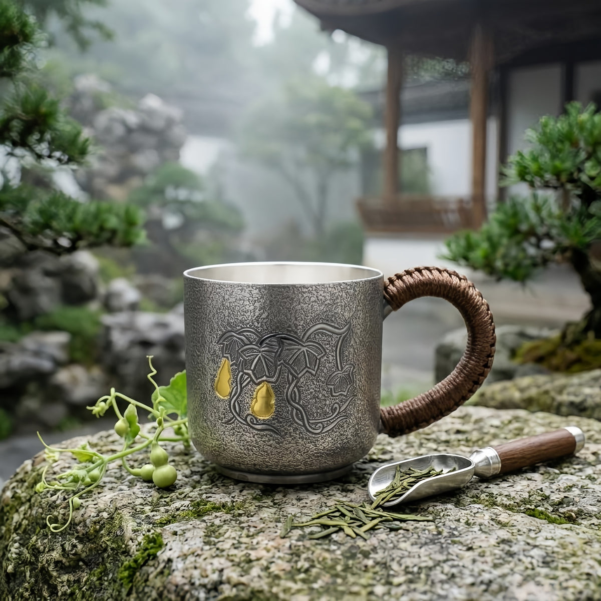 Pure 999 Fine Silver Handcrafted Textured Silver Mug with Engraved Vines and Woven Cord Handle - Handicraft