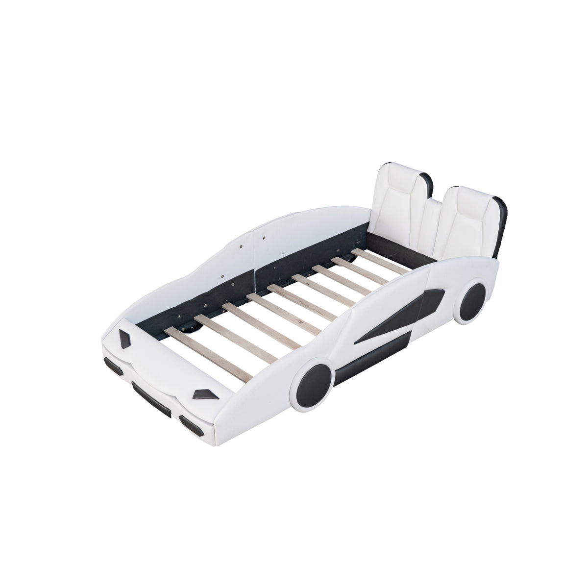 Twin Size Race Car-Shaped Platform Bed With Wheels, White
