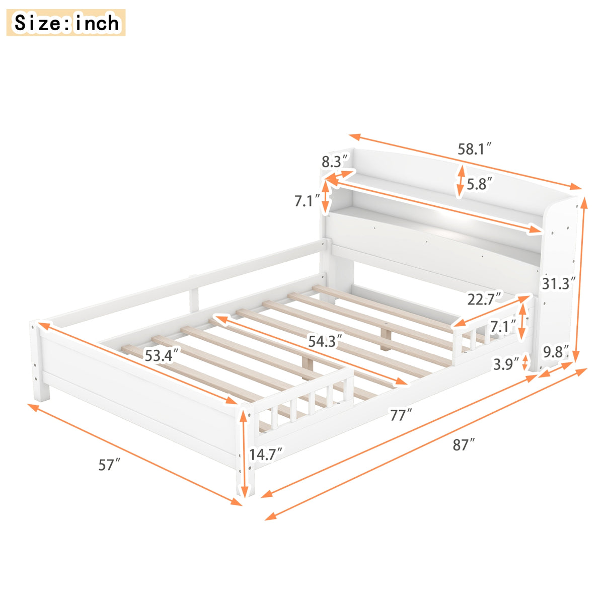 Wood Full Size Platform Bed With LED, Storage Headboard & Guardrail, White