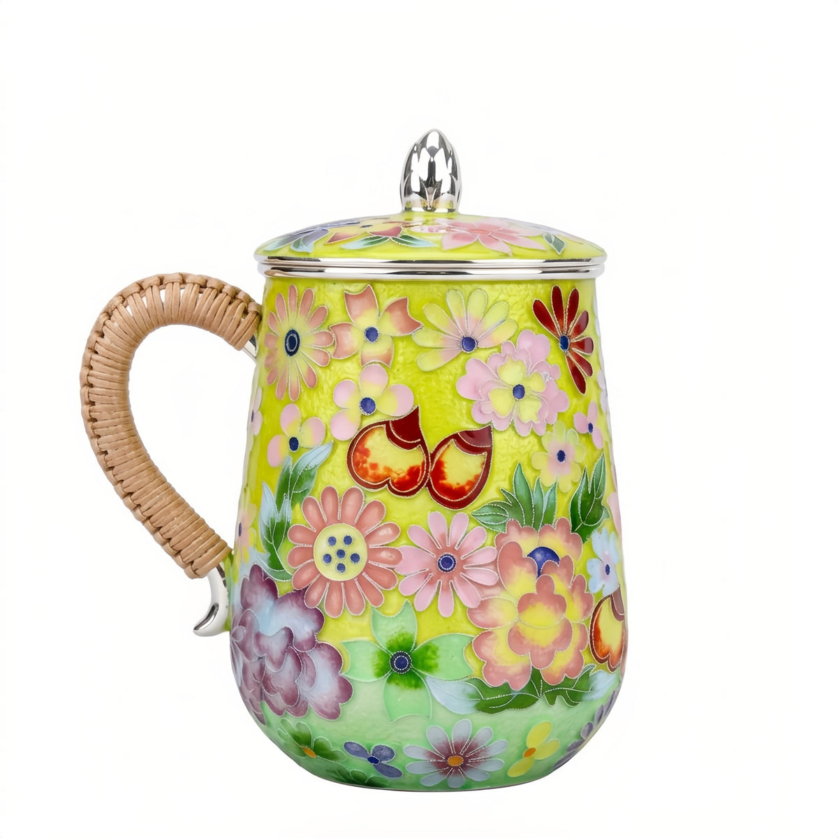Pure 999 Fine Silver Hand-Painted Floral Enamel Lidded Mug with Woven Rattan Handle - Handicraft