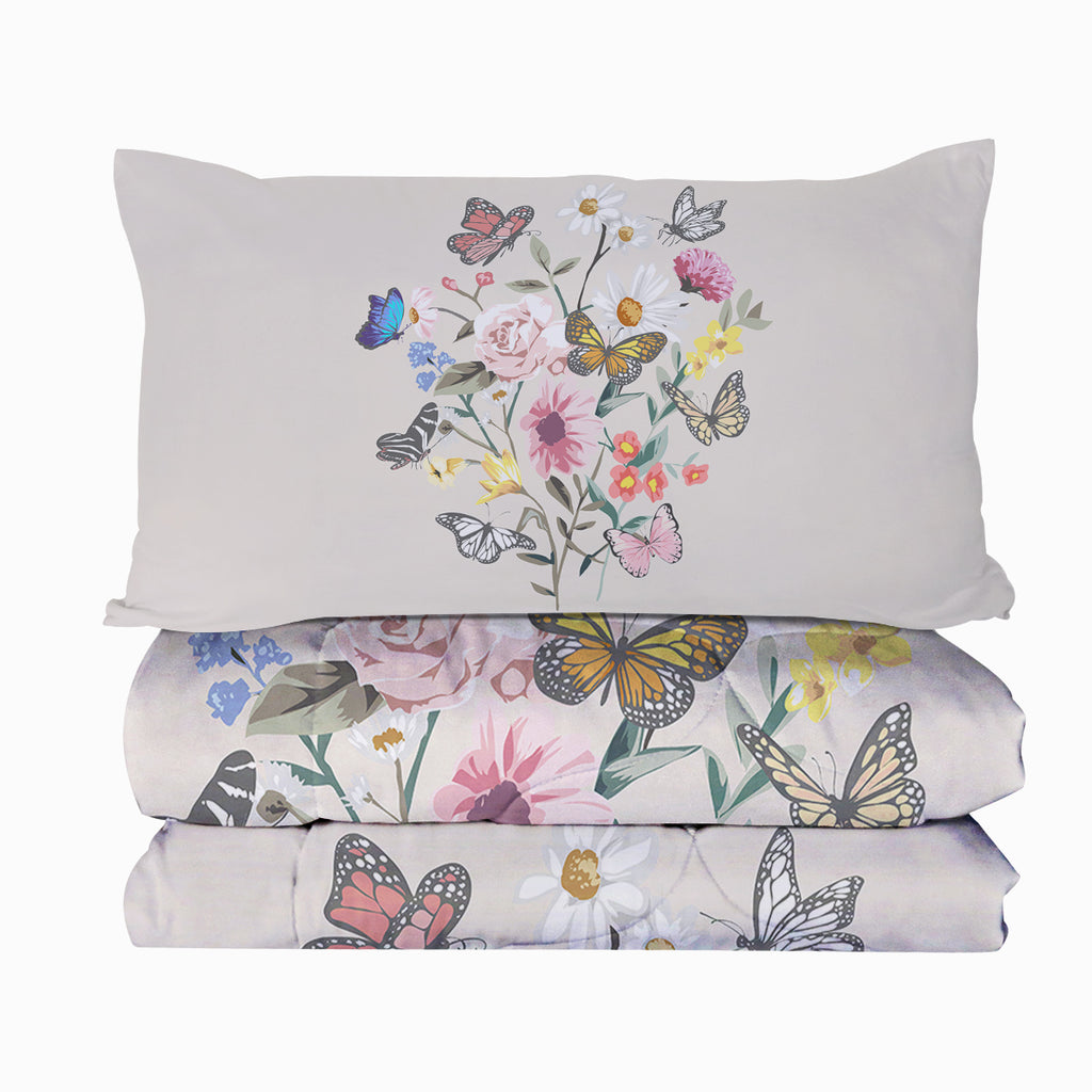 Butterfly Flower Comforter Light Pink Bedding Sets Twin For Girls Women, 1 Soft Comforter And 2 Pillowcases Suit For All Season Use