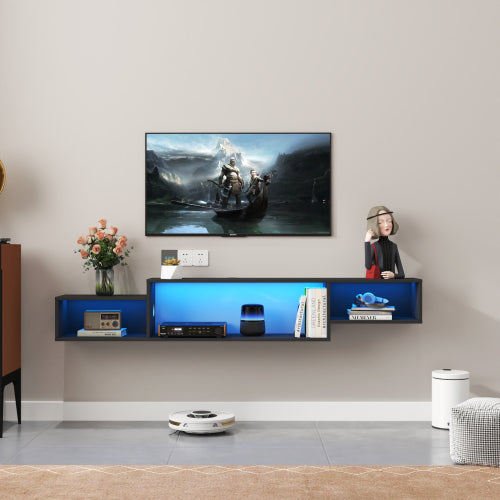 65.35in Wall Mounted Floating TV Stand With 20 Color LEDs And Charging Station