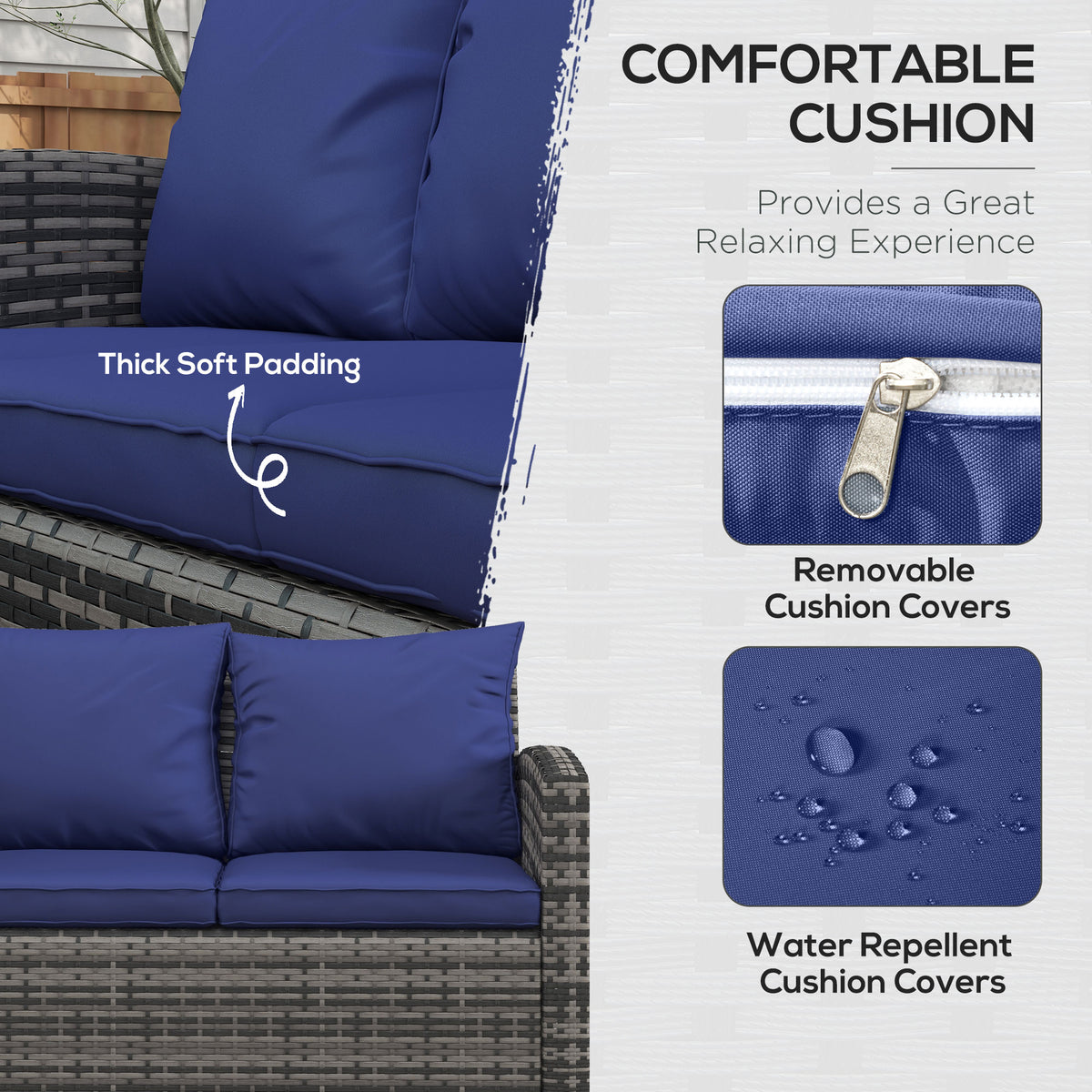 6 Pieces Rattan Garden Furniture Set, 7 Seater Wicker Outdoor Furniture Set With Storage Tea Table & Side Table, Sectional Garden Sofa Set With Cushions, Navy Blue