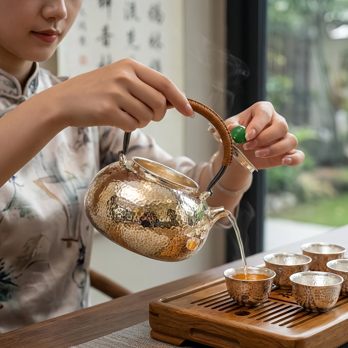 Pure 999 Fine Silver Handcrafted Hammered Silver Teapot with Traditional Woven Handle and Green Jade Knob - Handicraft