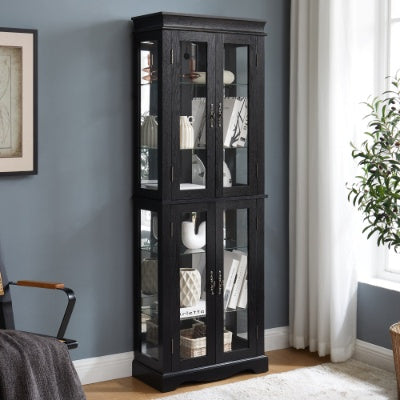 Lighted Glass Curio Display Cabinet,Display Cabinet,Glass Storage Cabinet Glass Wine Cabinet Wood Frame Toy Display For Living Room, Kitchen, Pantry Light Bulb Included Cherry