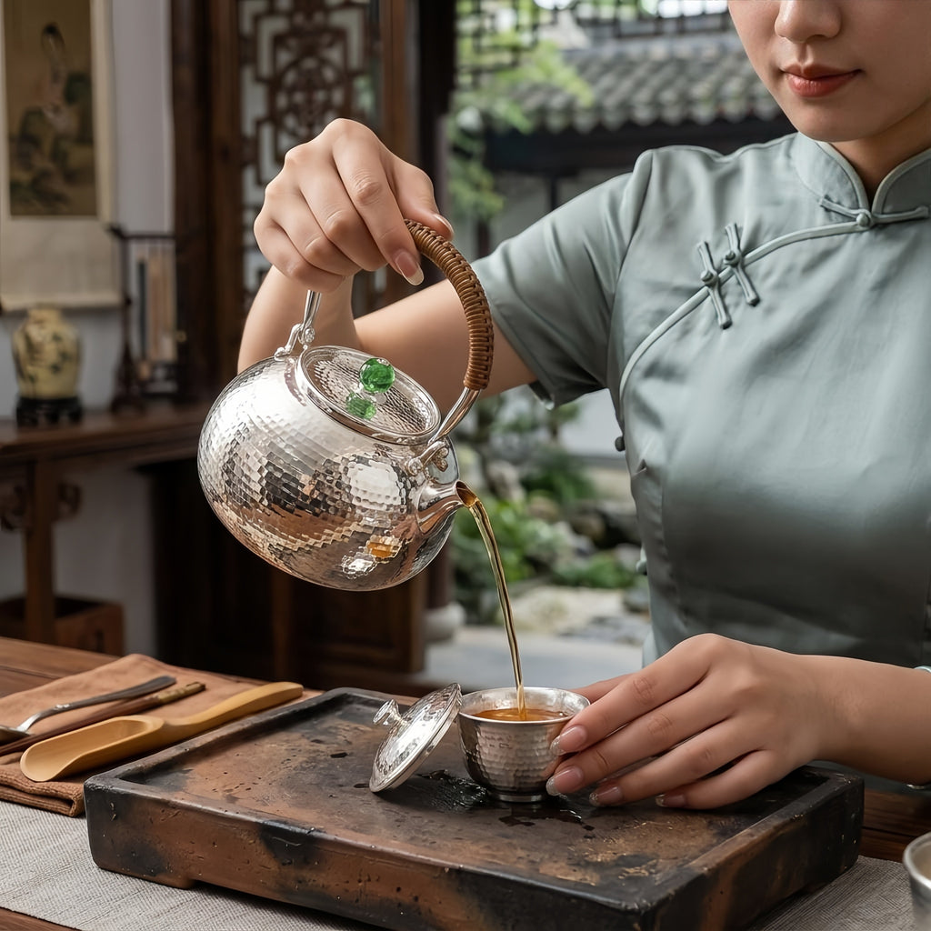 925 Sterling Silver Hand-Hammered Silver Teapot Featuring Woven Rattan Handle and Translucent Green Finial - Handicraft