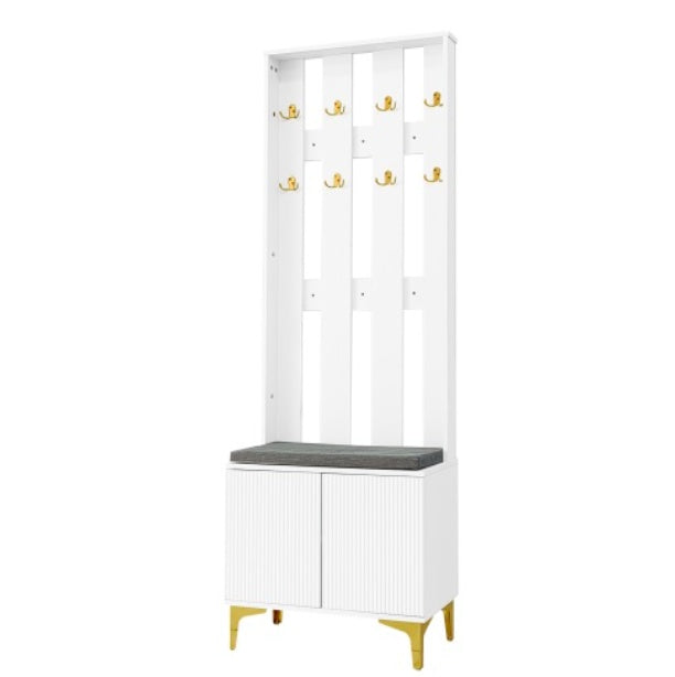 Wardrobe Set With Shoe Bench And Cushion, Wardrobe Front With Hooks, Shoe Cabinet With Drawers And Doors