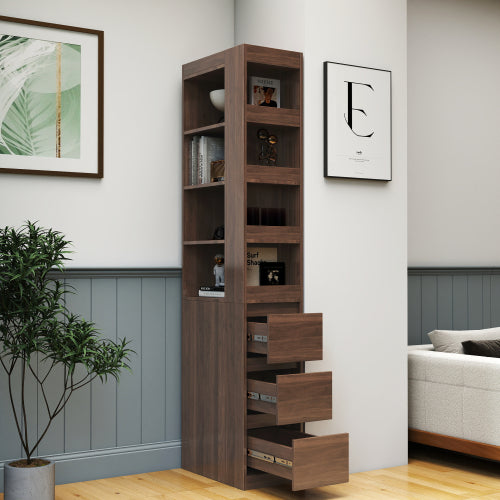 70.87 H Display Storage Cabinet , 4-Tier Shelf, 3 Side Drawers & 4 Small Display Shelves , Modern Wooden Tall Bookshelf Bookcase For Living Room Home Office