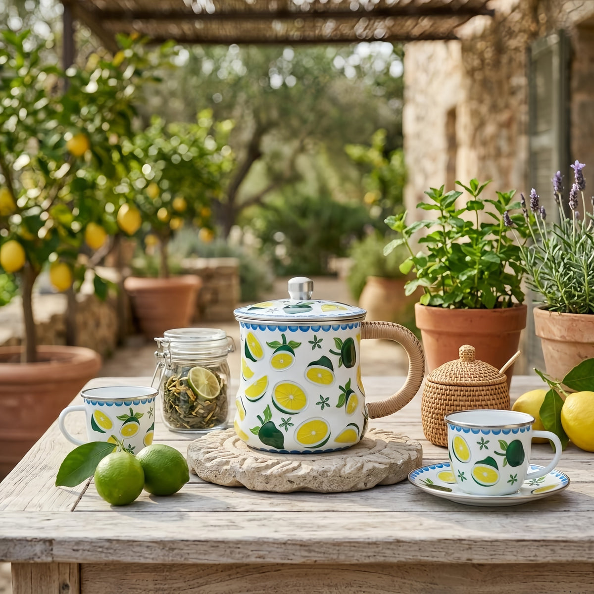 Pure 999 Fine Silver Vibrant Citrus Print Enamel Mug with Natural Wicker Handle and Lid - Handicraft