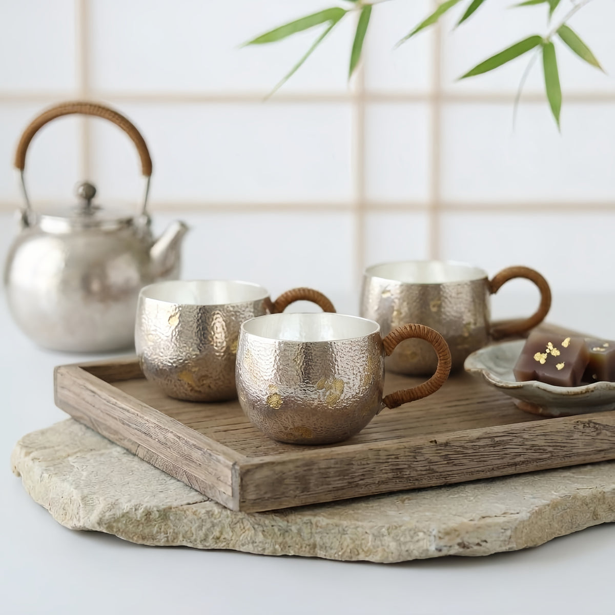 925 Sterling Silver Handcrafted Metallic Gold Speckled Mugs with Braided Rope Handles - Handicraft