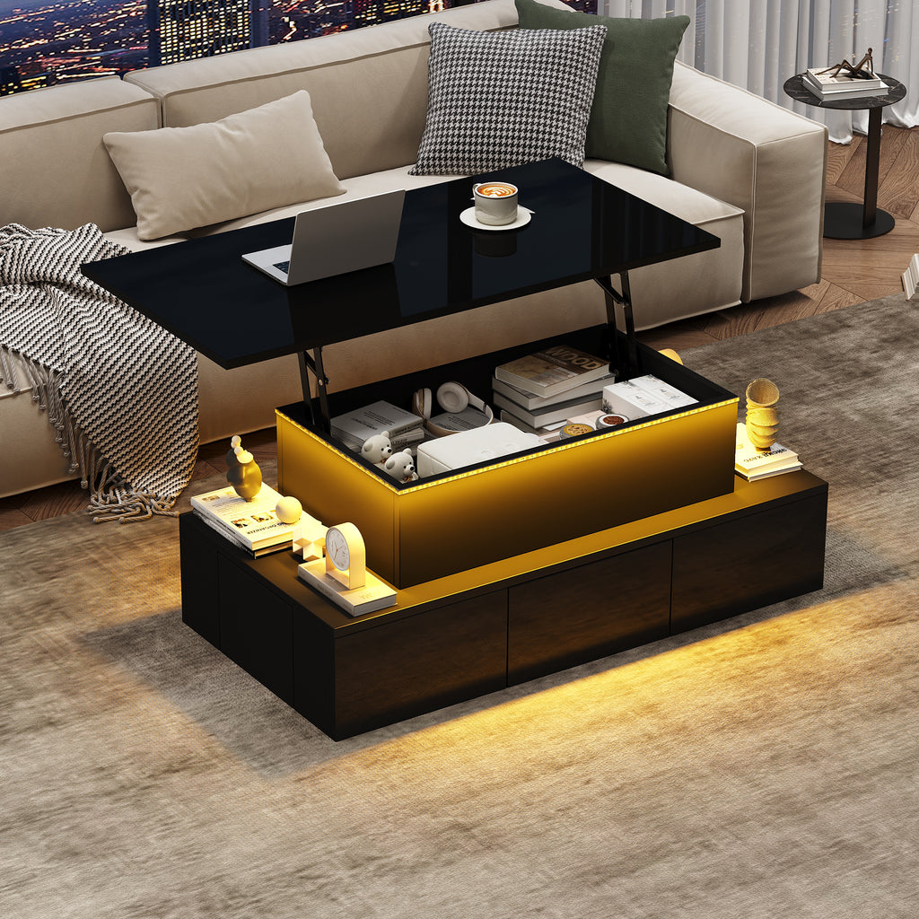 100x50x40cm Liftable Coffee Table With 4 Drawers, High-gloss Side Table With LED Lighting, Sofa Table, Coffee Table, Living Room Table With Hidden Storage, Black, MDF