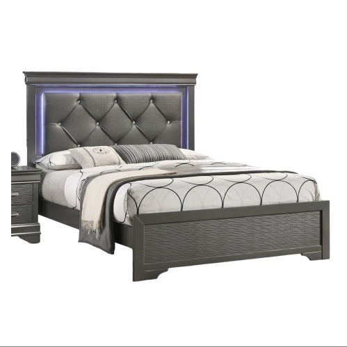 Dark Gray Faux Leather  1pc Queen Size Bed with LED