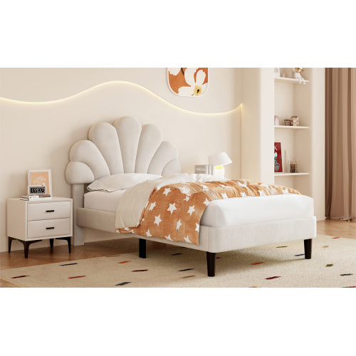 3ft Single Upholstered Velvet Bed Frame, With Adjustable Chic Petal Headboard, Velvet Platform Bed Frame With Solid Wood Slat, No Box Spring Needed, Easy Assembly, Beige