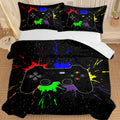 Black Video Game Comforter For Girls Boys Red Blue Green Purple Yellow Ink Game Controller Bedding Boy Bedroom Living Bed Decor With 1 Comforter 2 Pillow Shams