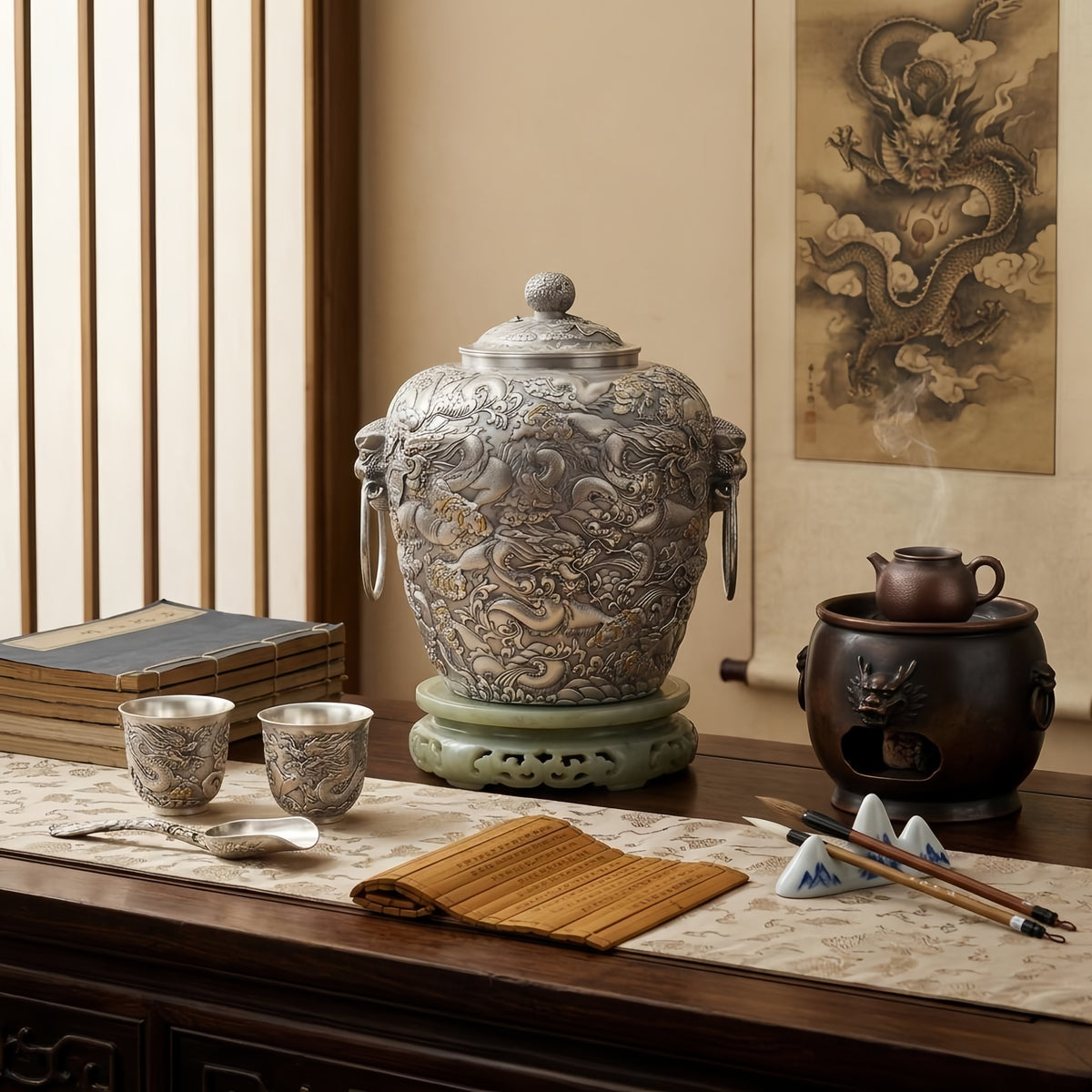 925 Sterling Silver Ornate Silvered Metal Jar Featuring Intricate Celestial Dragon Motifs and Sculptured Handles - Handicraft