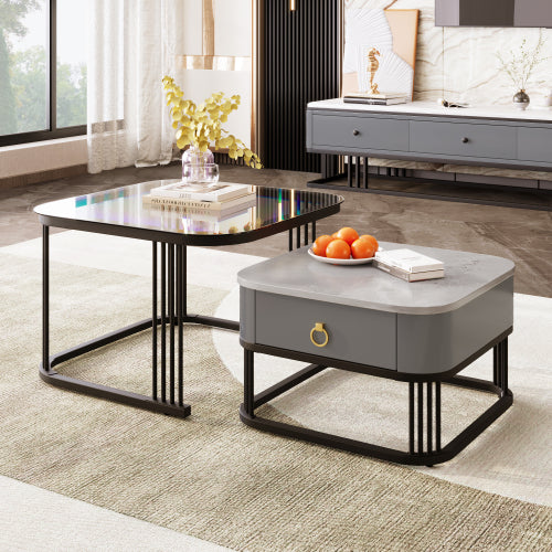 Nestable Coffee Table High Gloss Marble Exterior, Gold Accents, Side Table With Drawer. Set Of Two