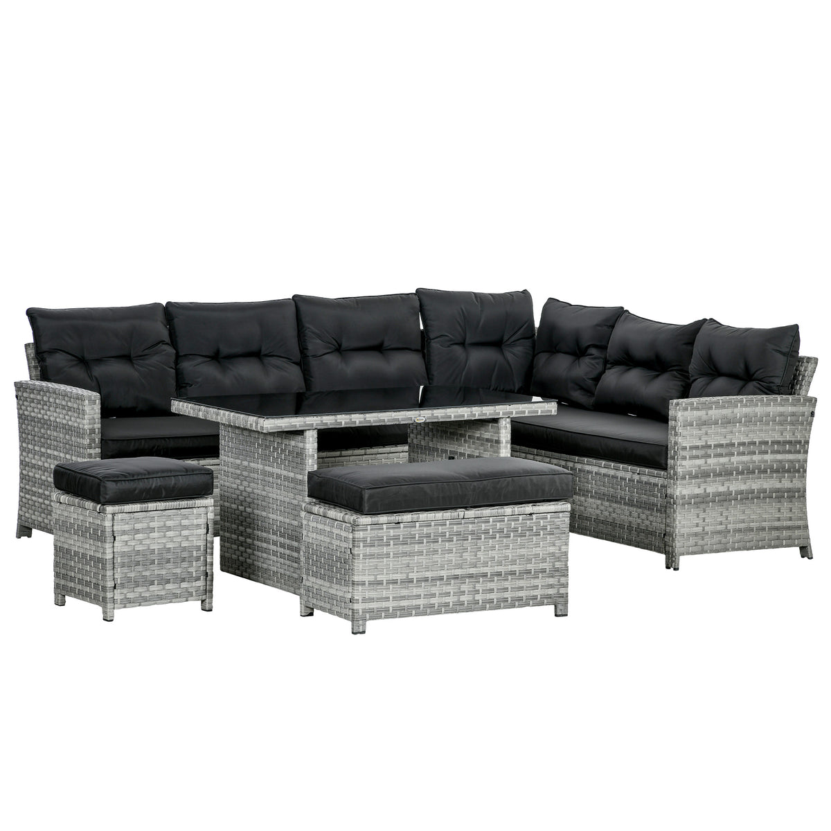 5-Piece Rattan Patio Furniture Set With Corner Sofa, Footstools, Glass Coffee Table, Cushions, Mixed Grey