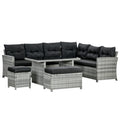 5-Piece Rattan Patio Furniture Set With Corner Sofa, Footstools, Glass Coffee Table, Cushions, Mixed Grey