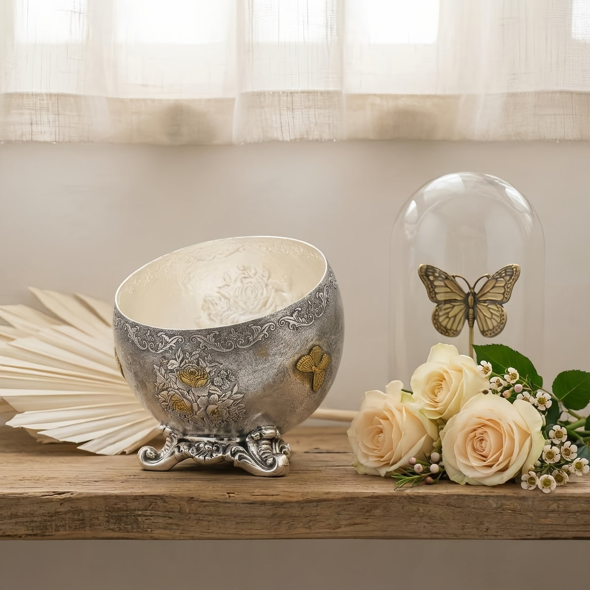 Pure 999 Fine Silver Antique  Floral Bowl with Gold Accents and Intricate Pedestal Base-Fine Silver Storage Box - Handicraft