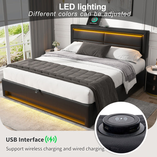 Upholstered Bed 135 X 190 Cm,Double Bed-4ft6,with USB Port  Supports Wireless And Wired Charging, With LED Lighting And Storage Space, Without Mattress, PU-Lychee Design, Black