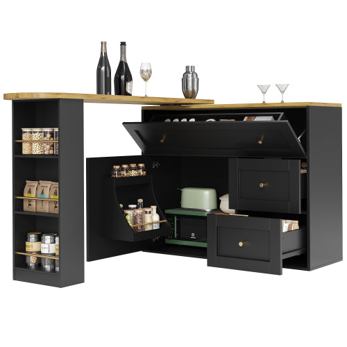 Extendable Bar Table With Storage Space  138-204x39x105cm  Kitchen Cabinet Sideboard With Snack Shelf, Telescopic Bar Table, High Table, Bistro Table  High Table,Kitchen Island, Black