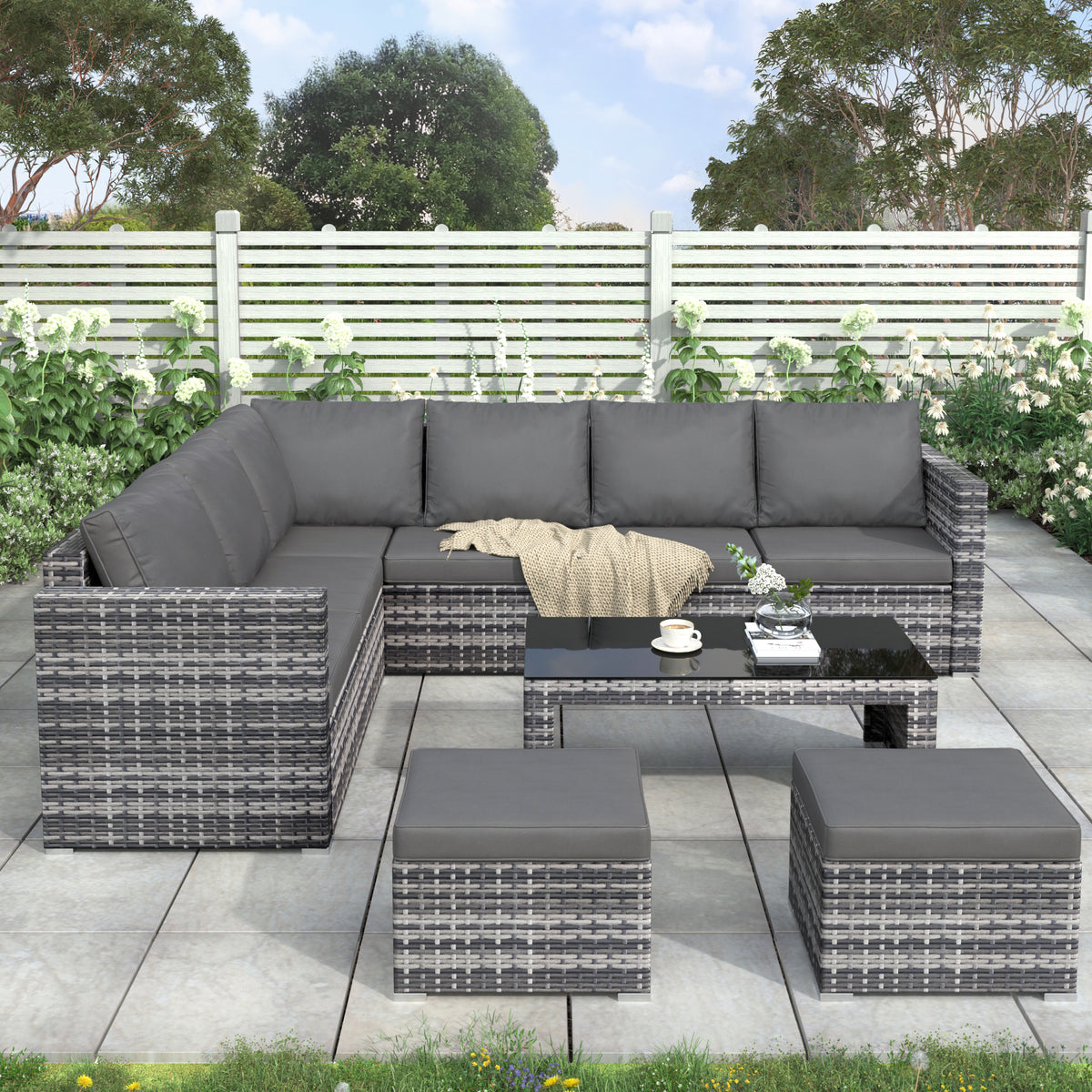 Garden Corner Sofa Set Rattan Sofa Outdoor Furniture With Coffee Table 2 Stools