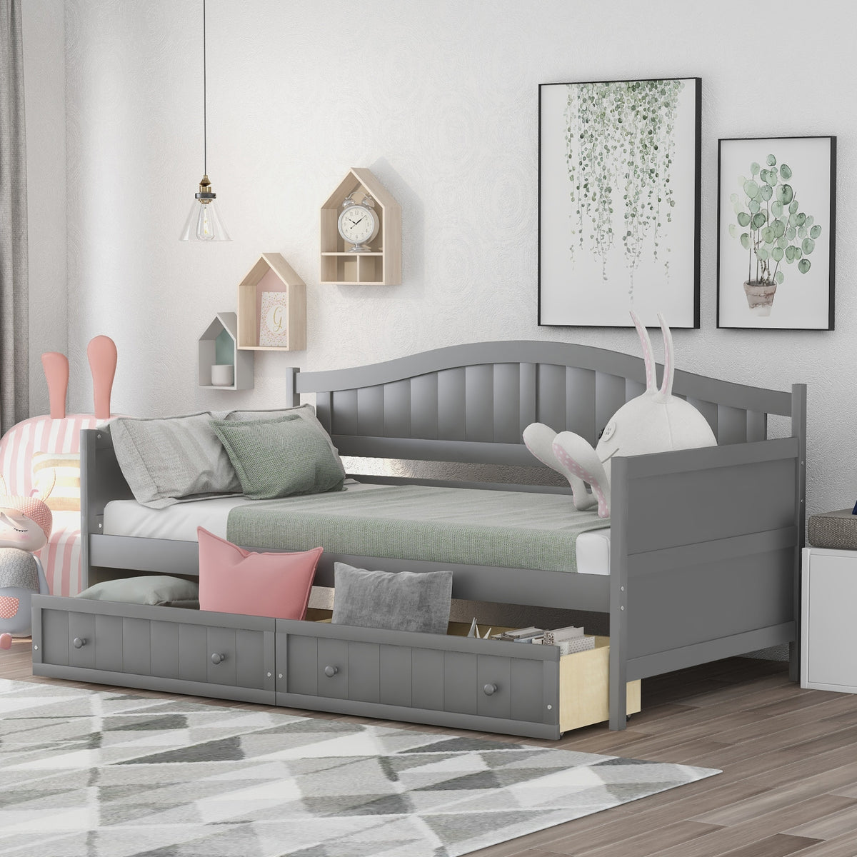 Twin Wooden Daybed With 2 Drawers, Sofa Bed, No Box Spring Needed - Gray