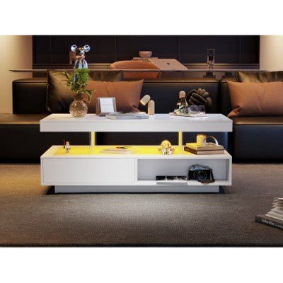 Led Coffee Table With 2 Drawer Storage, High Gloss Coffee Table