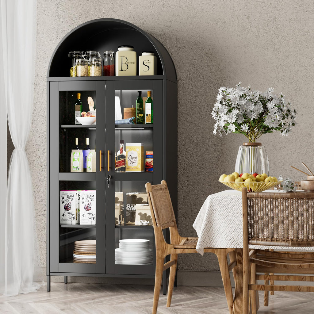 78.74inch H Metal Arched Cabinet With Lock And LED Light Strip, Metal Display Cabinet With Glass Doors And Adjustable Shelves,Suitable For Dining Room, Home, Assembly Required,Black