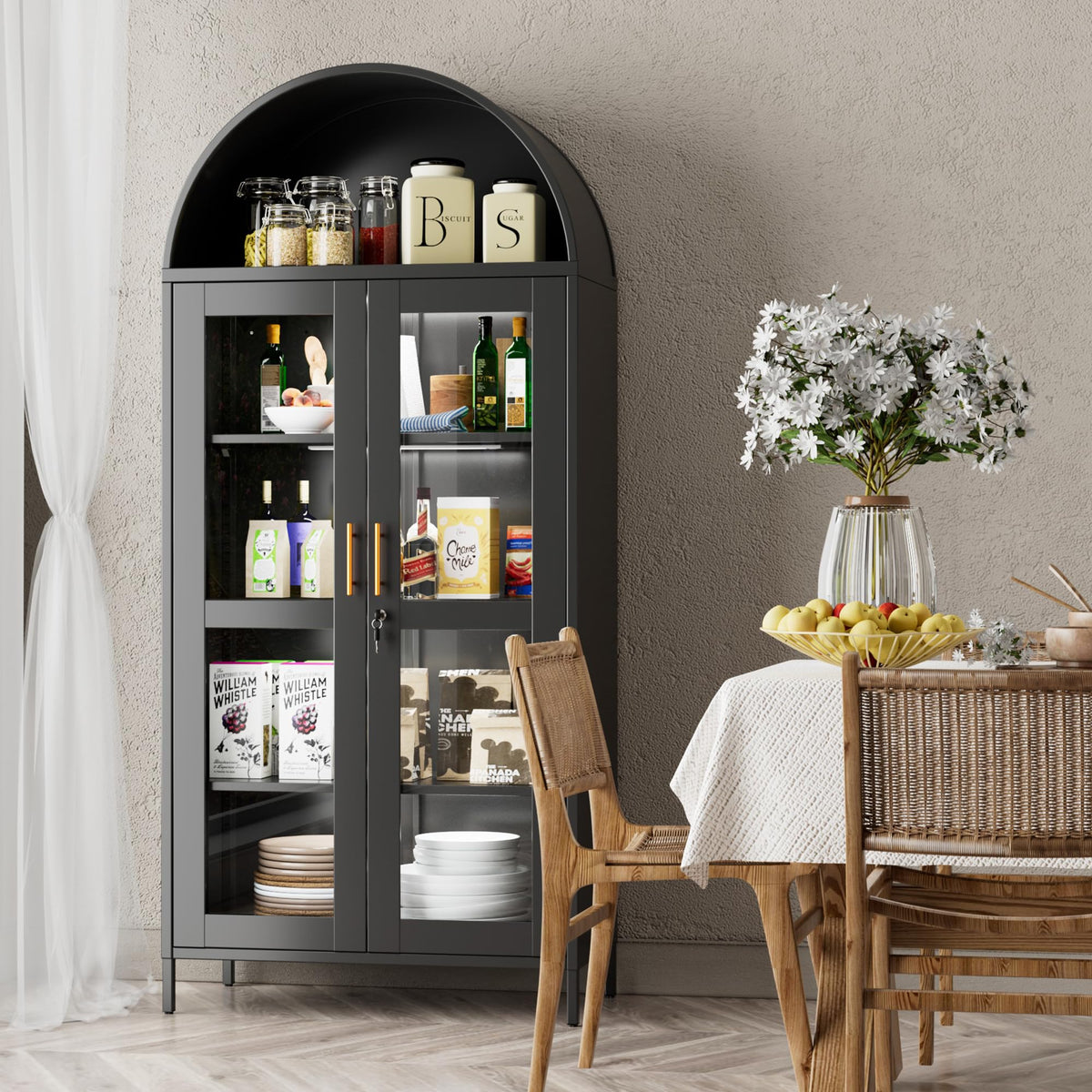 78.74inch H Metal Arched Cabinet With Lock And LED Light Strip, Metal Display Cabinet With Glass Doors And Adjustable Shelves,Suitable For Dining Room, Home, Assembly Required,Black
