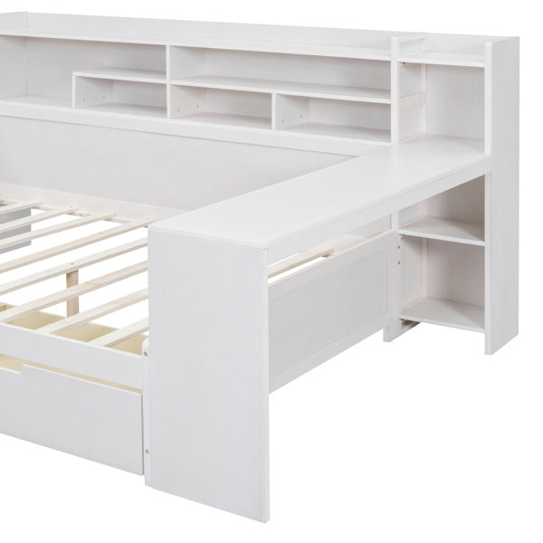 Wooden Full-size Sofa Bed With Storage Rack, Multifunctional Bed With Two Storage Drawers And Desk, Antique White