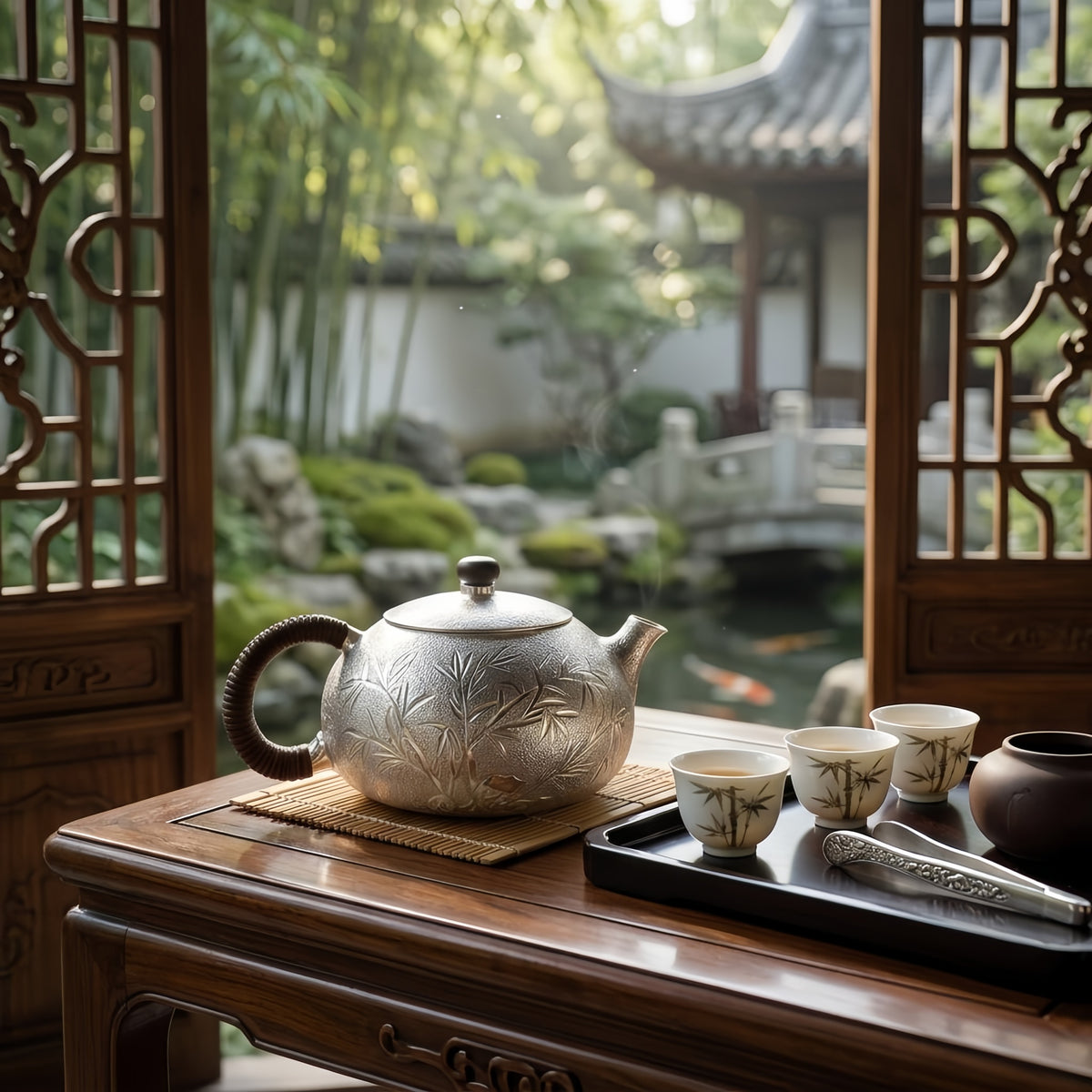Pure 999 Fine Silver Elegant Hand-Hammered Pure Silver Teapot Featuring Intricate Bamboo Relief and Wrapped Handle - Handicraft