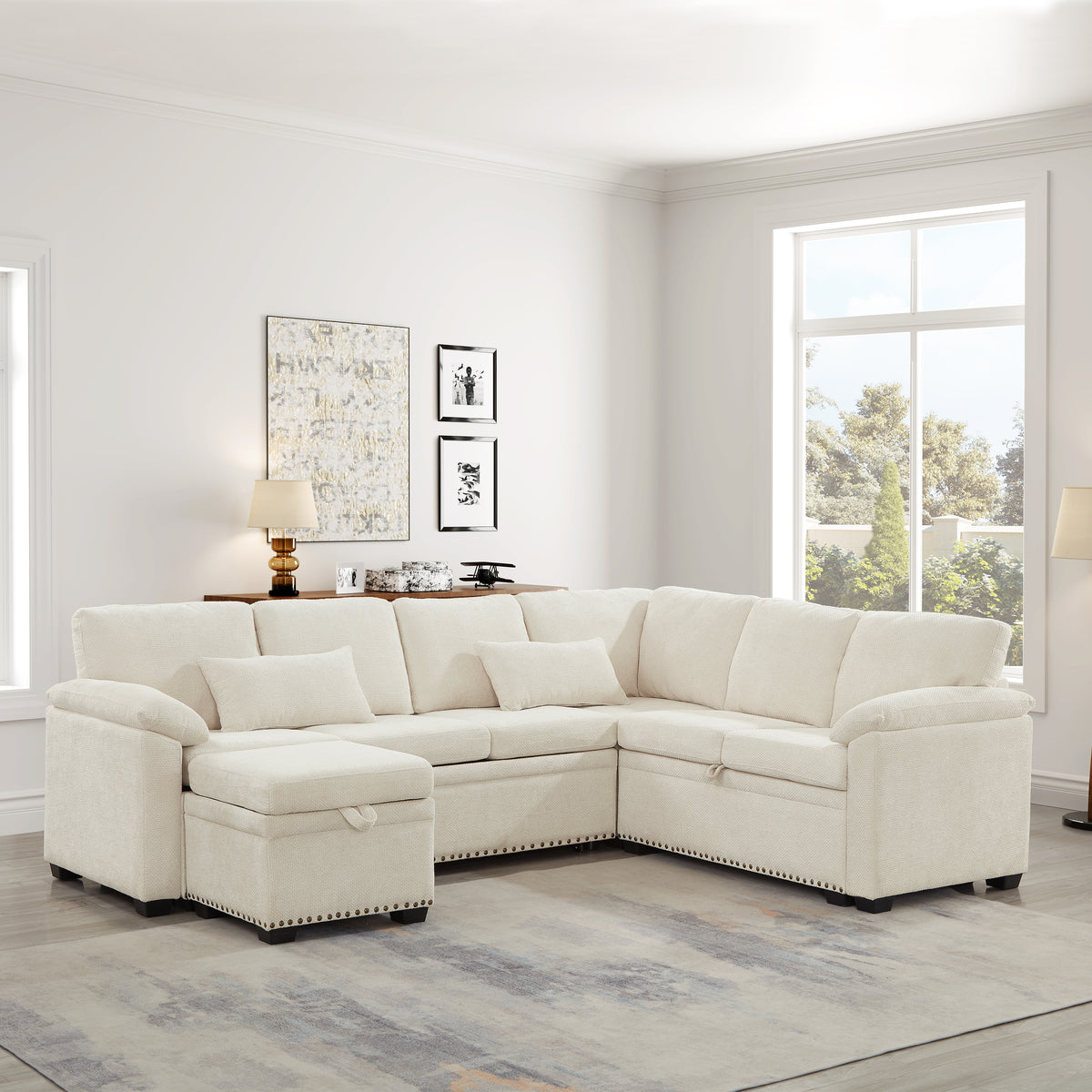 97 Inch L-Shaped Corner Sectional Sofa Couch With Seat And Storage Ottoman,Chenille Fabric Corner Couch With 7 Seats & 2 Pillows For Living Room, Beige
